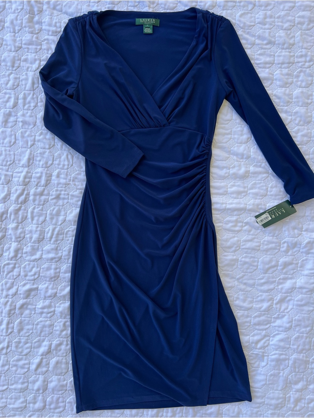 Ralph Lauren Ruched Front Wrap Style Dress NAVY 3/4-Sleeve Dress Size 2 NWT
